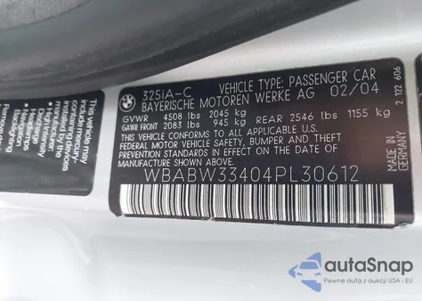 2004 BMW 325Ci z USA, uszkodzony, nr VIN WBABW33404PL30612